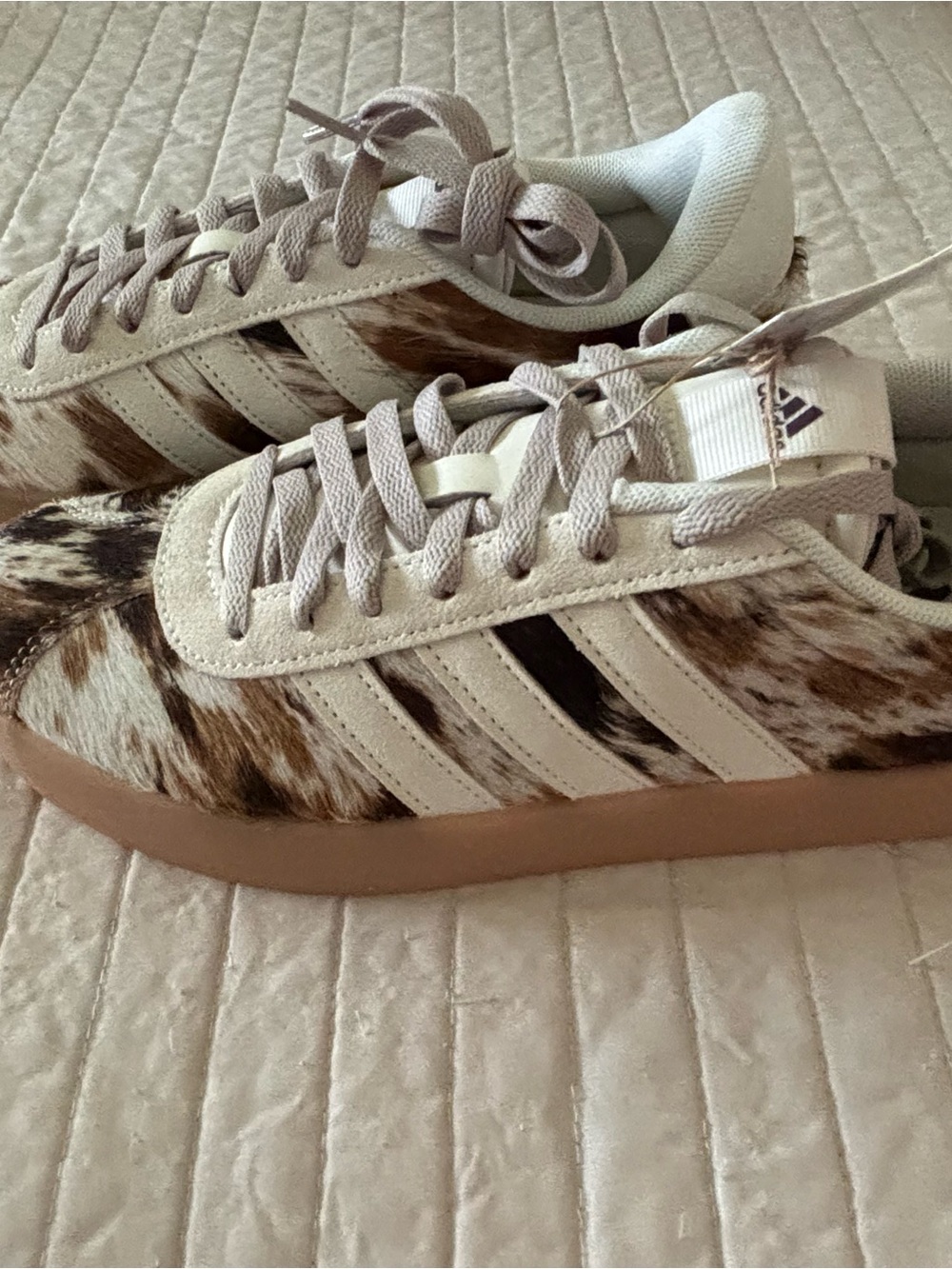 adidas Cowhide-Print Suede Accent Sneakers in Tan, White & Brown